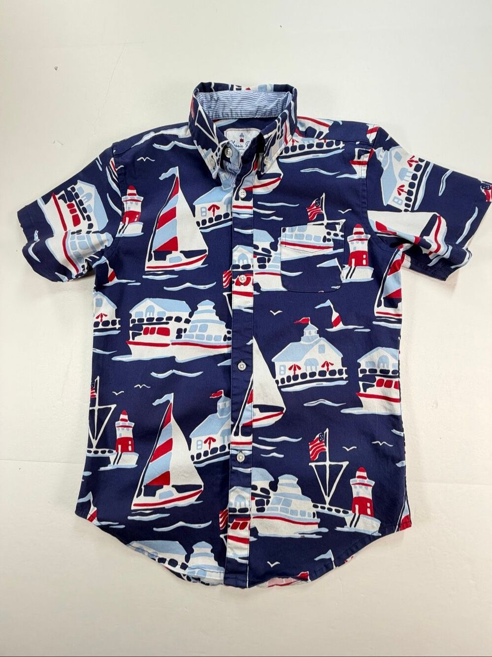 Classic Prep Boys Size 14 Nautical Sailboat Lighthouse Shirt Coastal Button Down